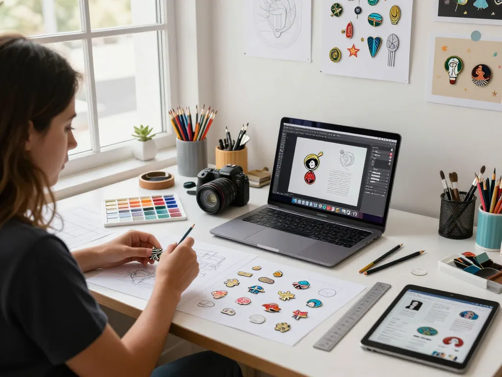 Creating custom enamel pins in a vibrant studio with design tools and colorful samples.