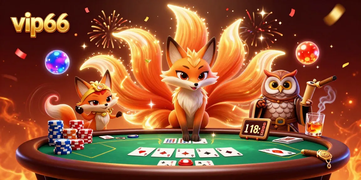 Experience the excitement of vip66 with a vibrant casino scene featuring a nine-tailed fox and poker highlights.