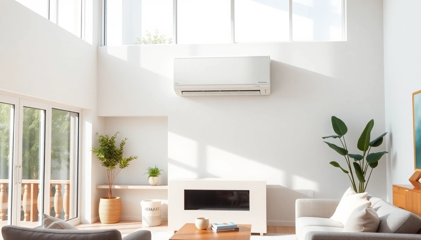 Enhance your space with a Mitsubishi mini split AC unit featured in a stylish living room.