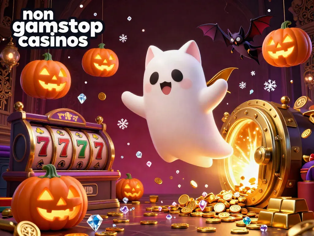 Experience the thrill of non gamstop casinos in a vibrant haunted casino scene with ghost cat and vampire bat.