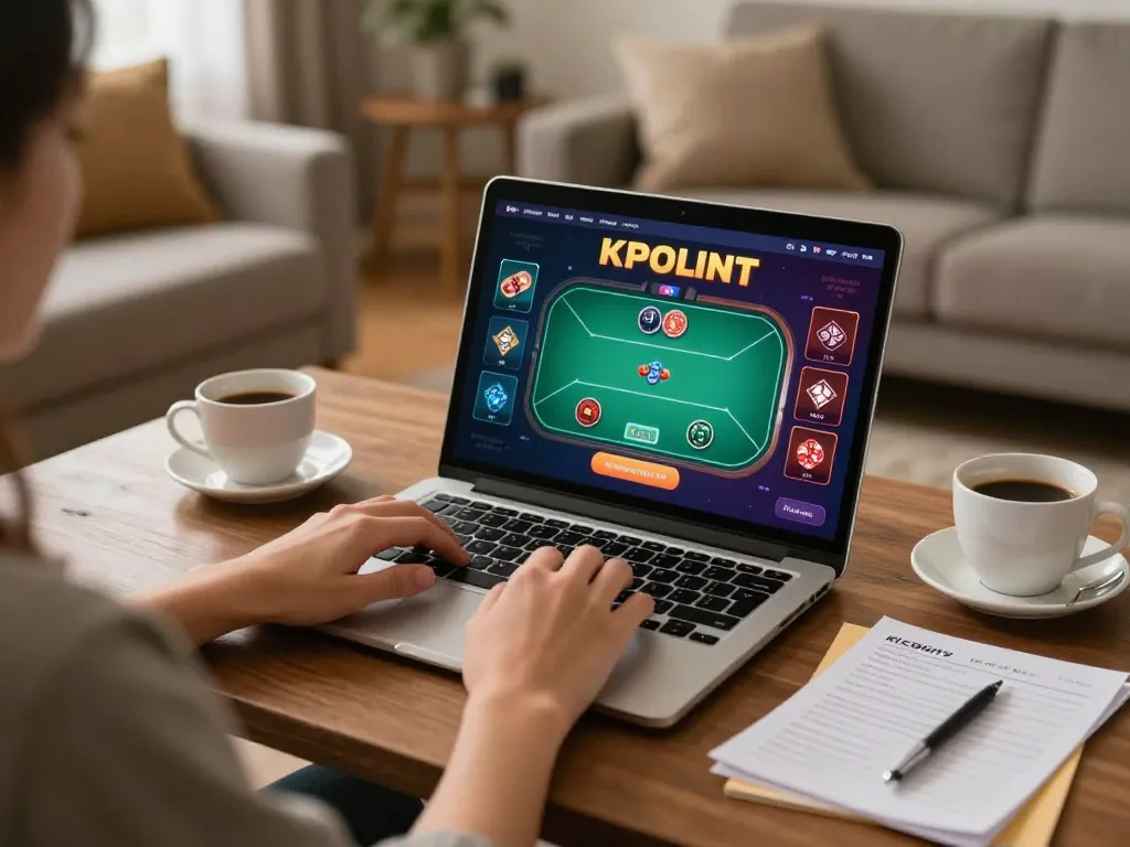The person playing poker online at home using 789club on their laptop while sipping coffee