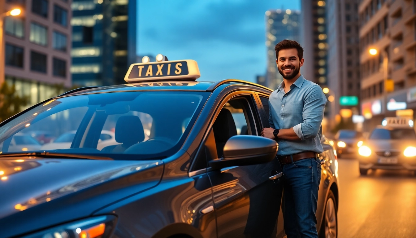 Minicabs awaiting customers in a lively urban landscape during twilight with city lights.