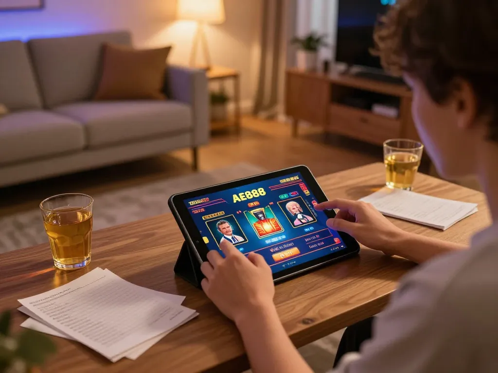 Engaged player enjoying AE888 online casino gaming at home with tablet and notes.