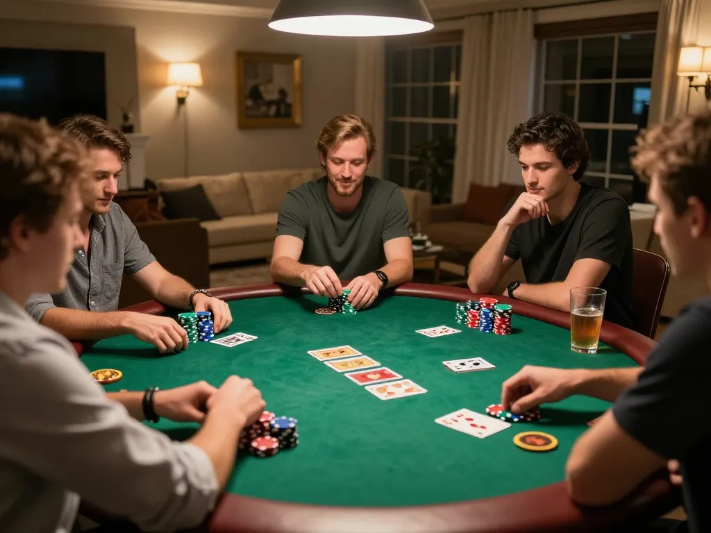 Players strategizing their next moves at a 123b poker night with chips and cards.