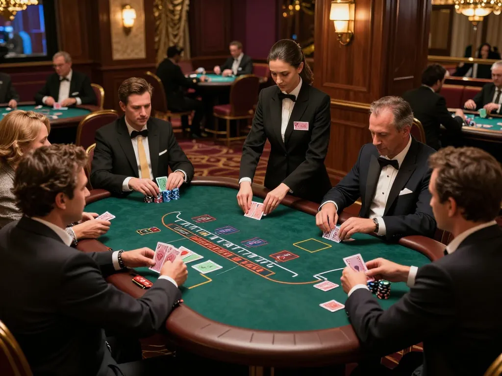 Players at max88's upscale casino enjoy an exciting blackjack game with a professional dealer.
