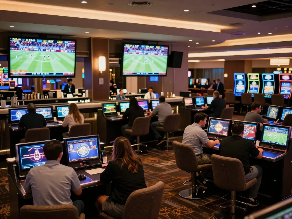 Engaged bettors analyzing odds and placing bets at Keonhacai5 sports betting lounge, vibrant atmosphere with live sports screens
