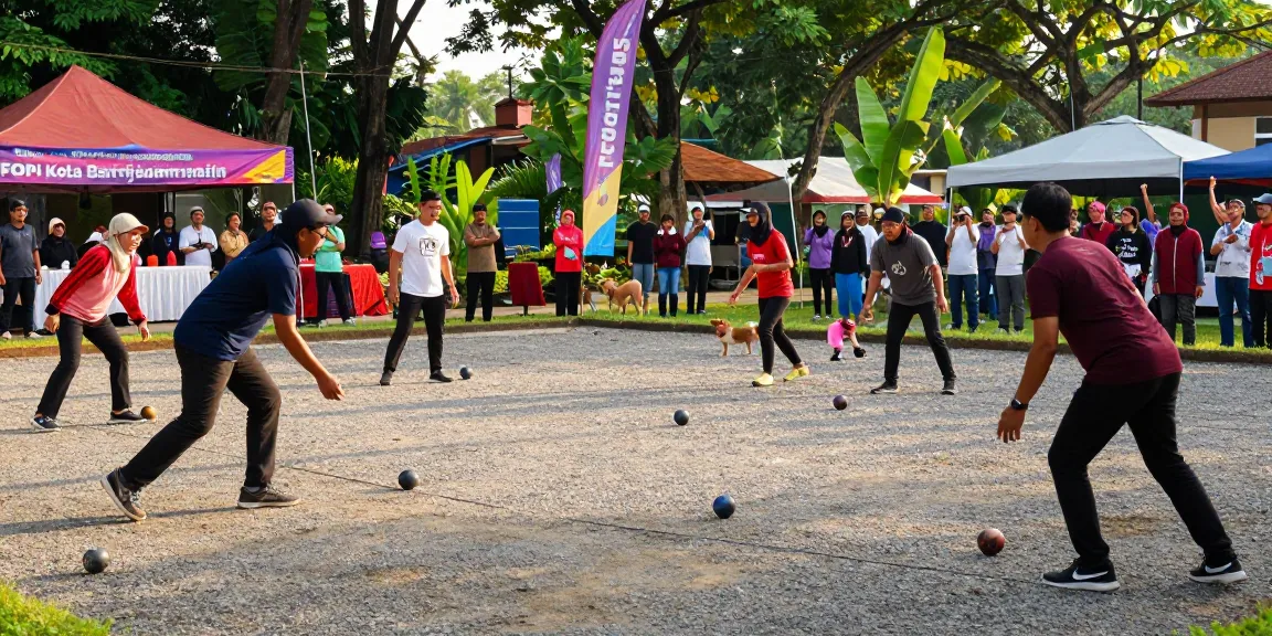 Petanque players and spectators enjoying matches, promoting fopikotabanjarma.org in Banjarmasin community park.