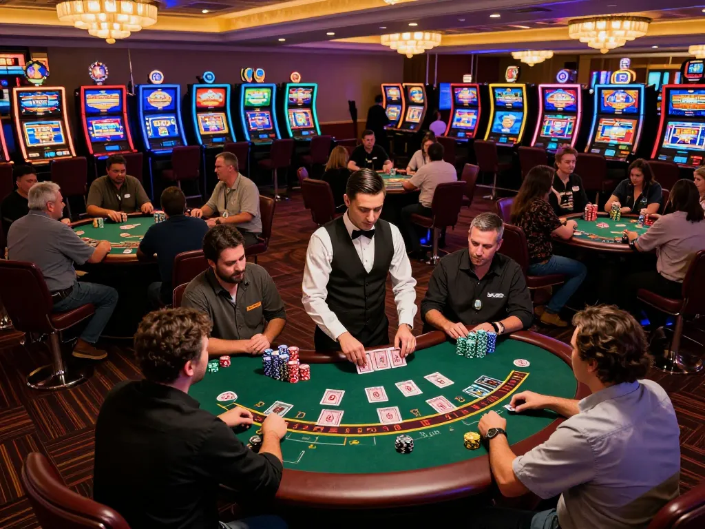 tg88 đăng nhập at an exciting casino with players around blackjack tables and lively atmosphere.