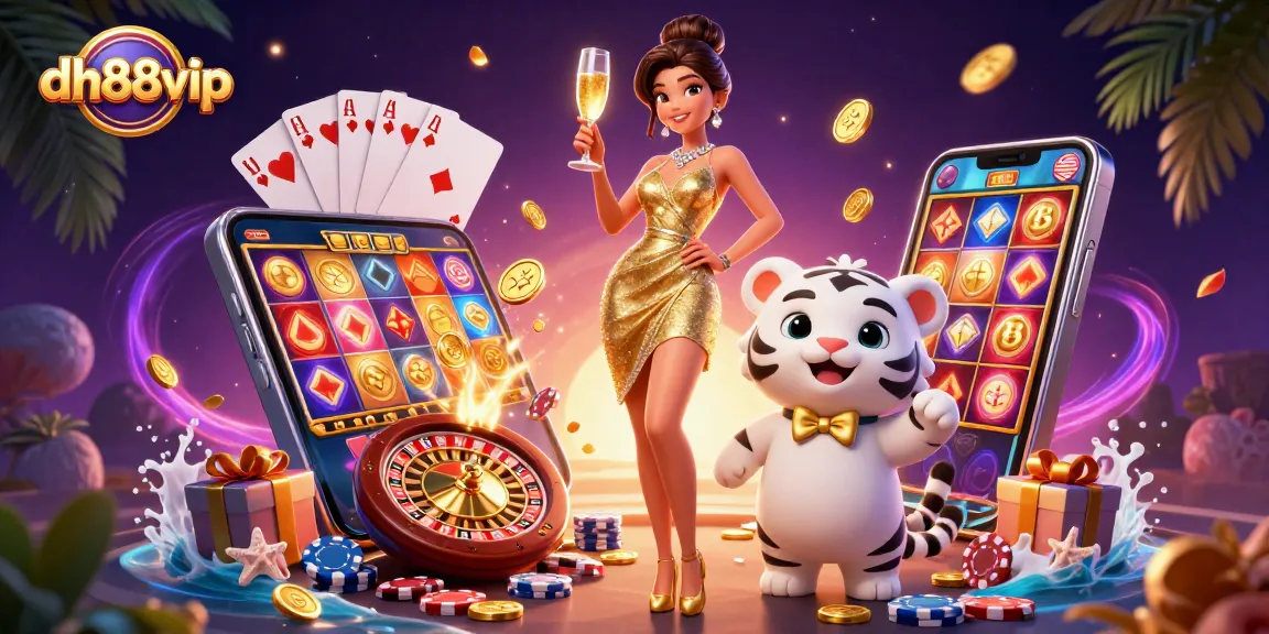 Experience vibrant gameplay at dh88vip with a glamorous woman and a lucky tiger surrounded by casino elements.