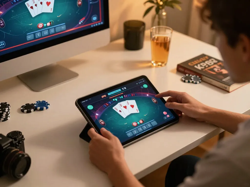 Engaging in online gaming with KP88 nhà cái app on tablet, showcasing vibrant casino graphics