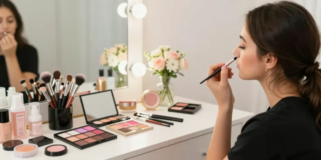 Makeup Artist Colchester applying bridal makeup in an elegant studio.