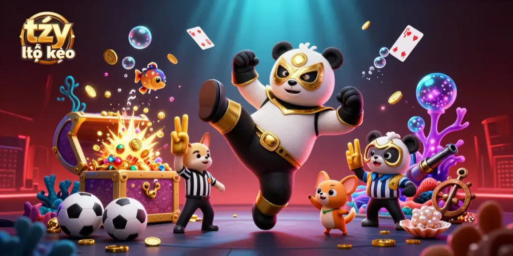 Bet on tỷ lệ kèo with sports-themed action featuring wrestling panda and playful animal fans