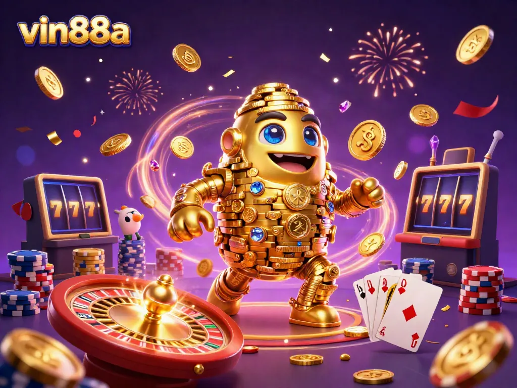 Experience excitement with vin88a's golden golem surrounded by dynamic casino elements.