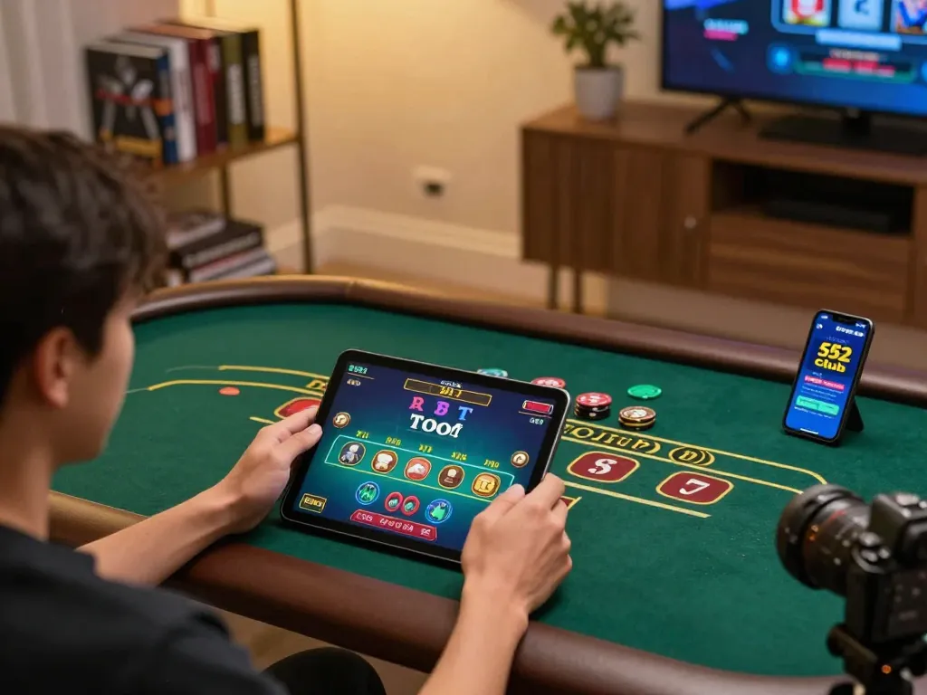 Engaged player enjoying baccarat on b52club app at home in a cozy setup.