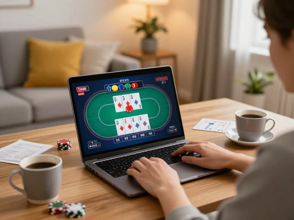 Explore TRANG CHỦ AE888 with engaging online poker gameplay from home, capturing strategic moments and cozy atmosphere.