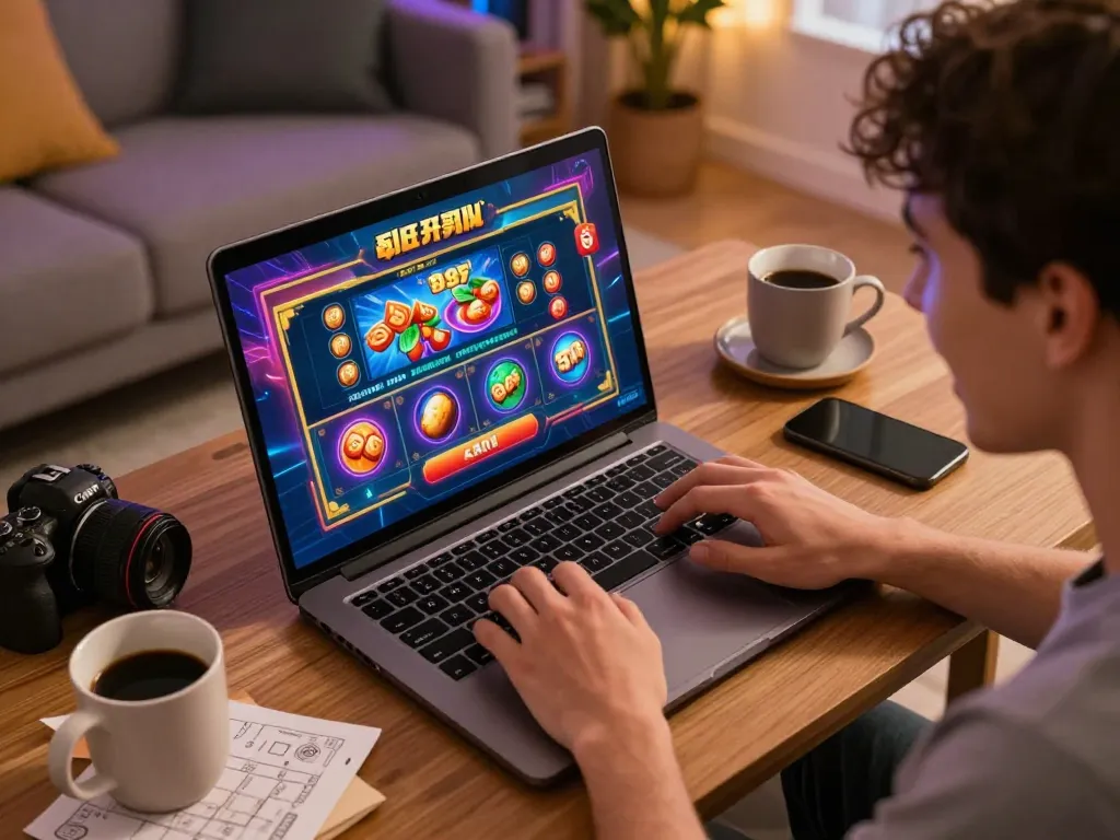 Engaging scene of a player exploring fun 88 online casino games on a laptop at home, showcasing an inviting gaming atmosphere.