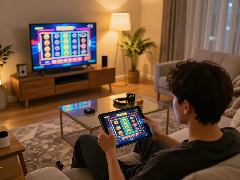 Engaging in online casino games on max88tv with a vibrant tablet interface, showcasing responsible gaming