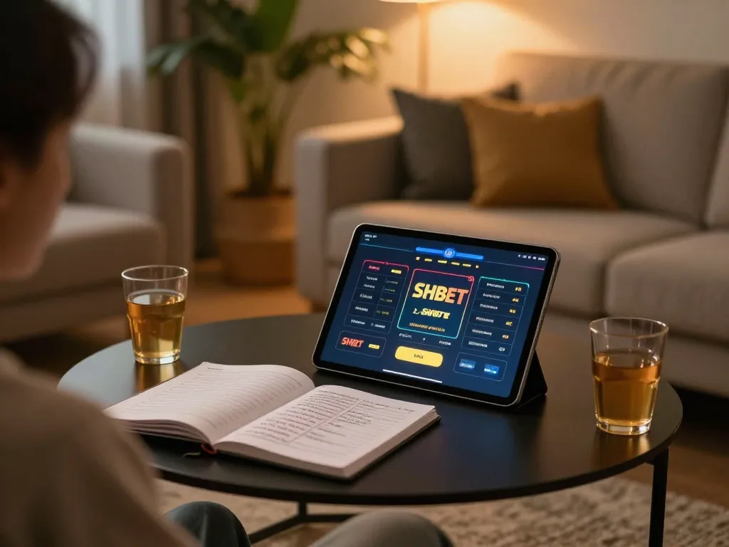 Engaged player using the Nhà cái SHBET app on a tablet, showcasing a cozy home gaming environment.