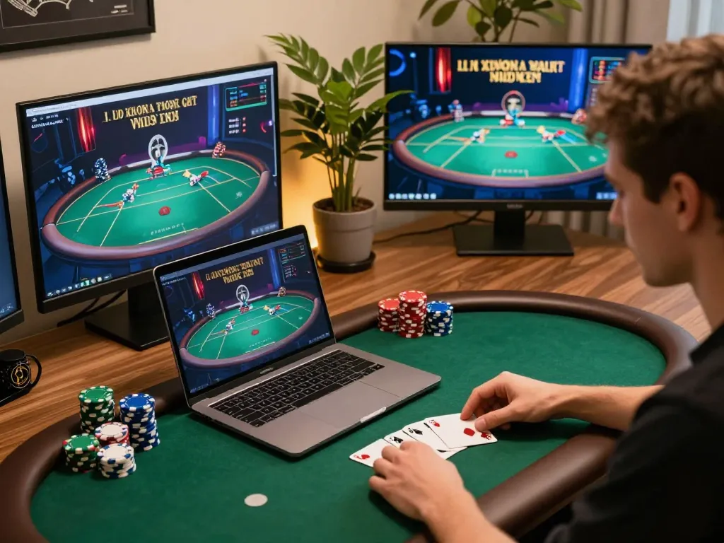Tg88 player analyzing poker strategies using a laptop during an online game.