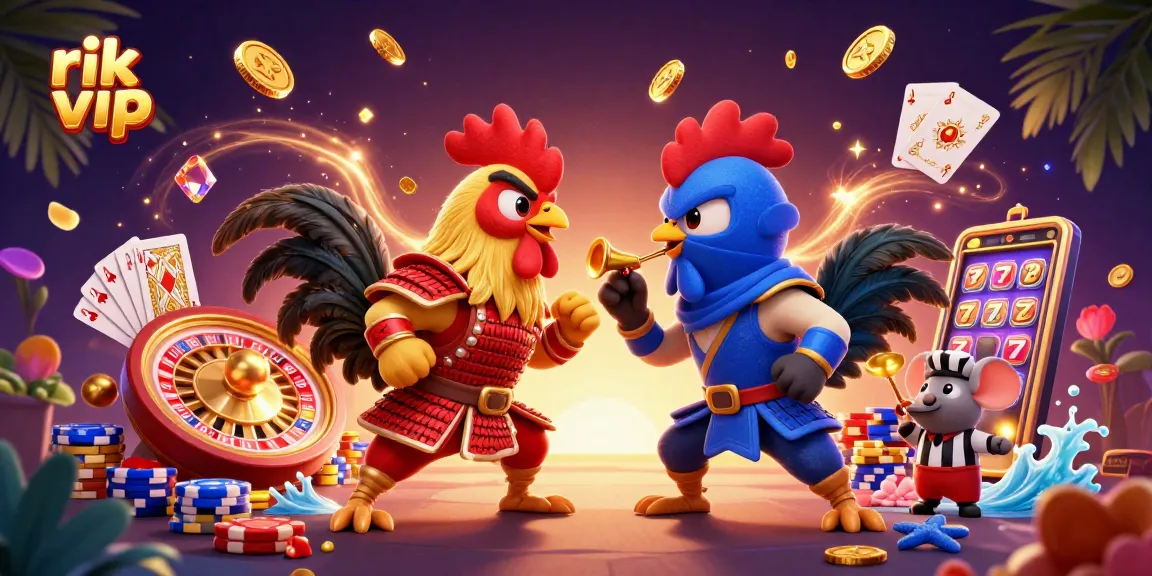 Engage with the thrilling showdown between roosters at rik vip casino, amidst cascading gold coins and vibrant gaming action.