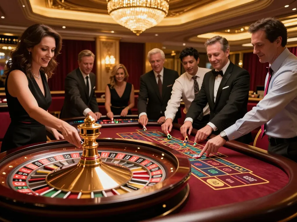 Ko66 players eagerly placing bets at a roulette table, showcasing excitement in a luxurious casino setting.