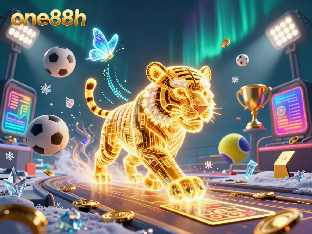 Experience thrilling sports betting at one88h with a golden neon tiger symbolizing excitement and wins.