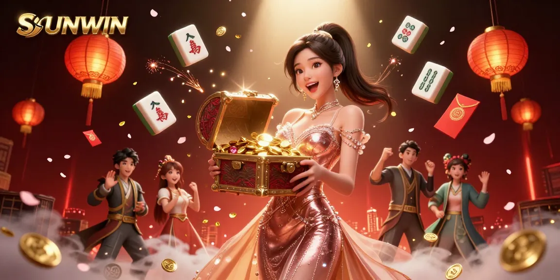 SUNWIN presents a stunning 3D illustration of a joyful Asian woman revealing treasures; a celebration of casino excitement.