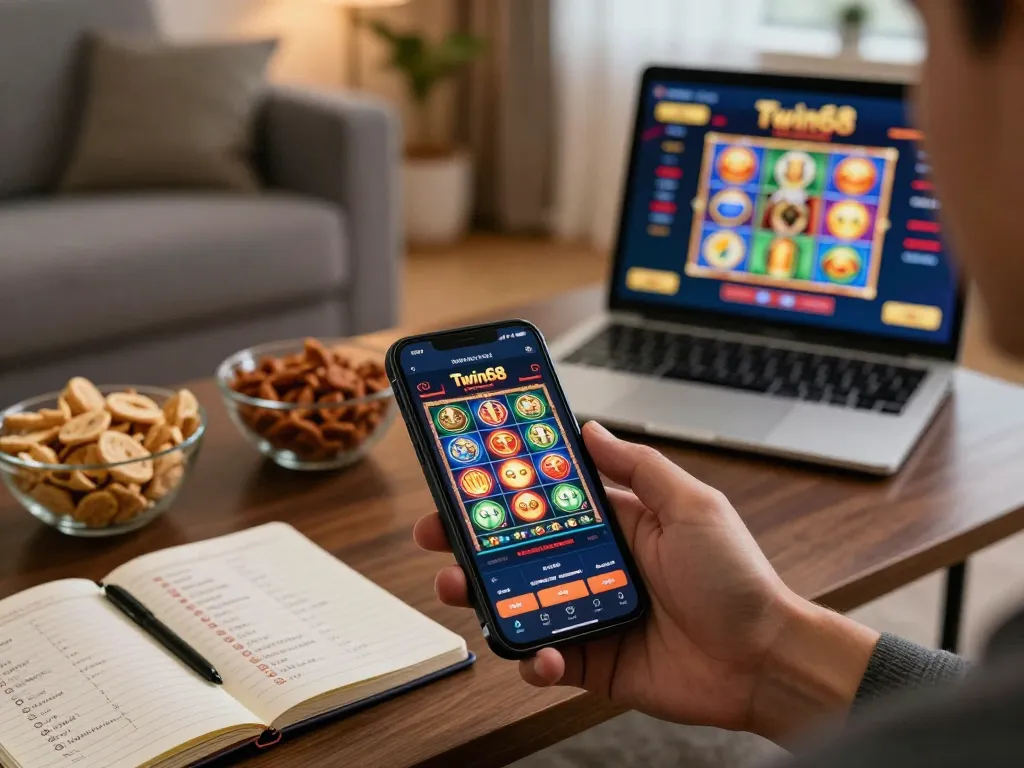 Twin68 app displayed on smartphone showcasing slot games in a cozy home environment.