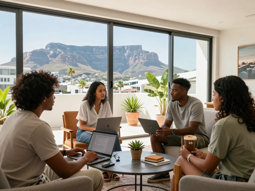 Airbnb management Cape Town hosts engaging with guests in a stylish apartment