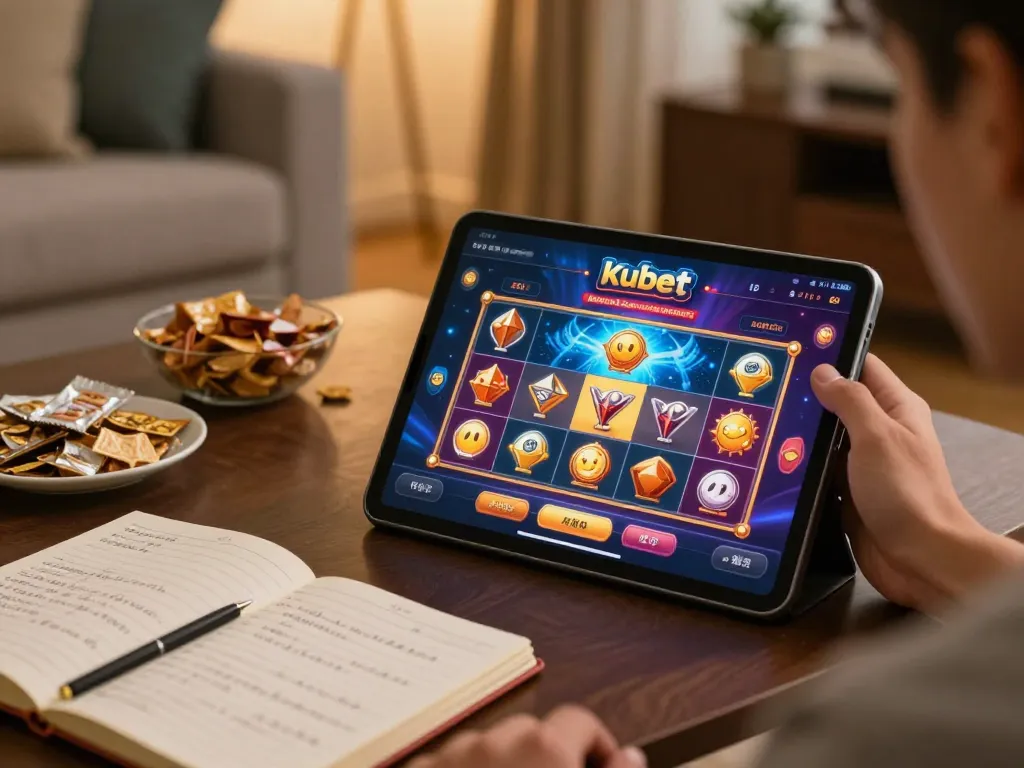 Engaged player enjoying kubet online gaming on tablet in cozy atmosphere with snacks and strategies.