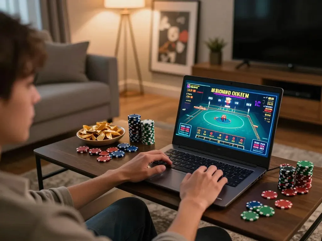 Cwin player engaging in live casino gameplay at home, showcasing strategic online gambling setup.