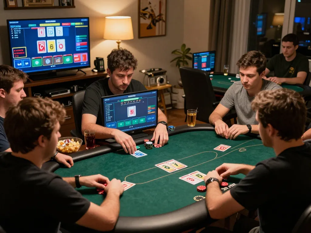 Players strategizing in an online poker game on 888vnd showcasing cards and betting actions.