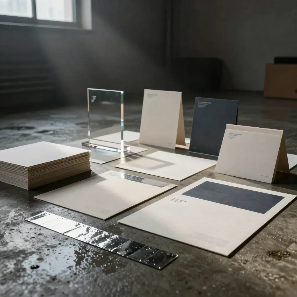 Rain-damp studio identity set with proofs, acrylic logos, swatches and boards in dramatic light