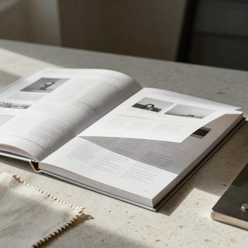 Website design modules and a folded sitemap accordion on travertine in soft editorial light.