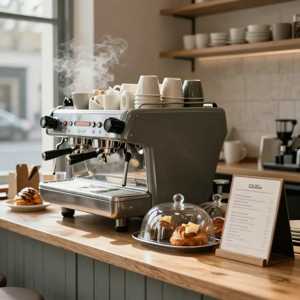 Freshly reset cafe counter with espresso machine, cups, pastries, and takeaway carriers