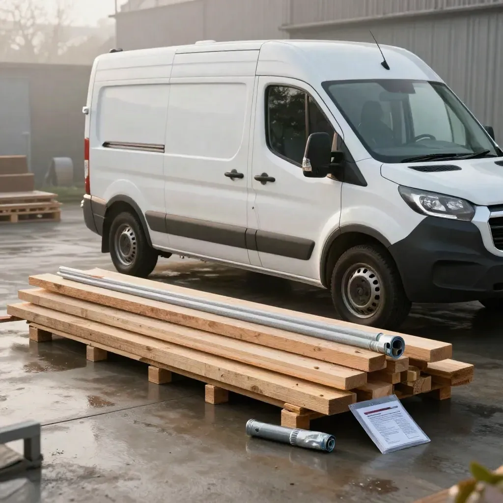Off-white trades van beside wrapped tools and a sealed quote pack in a misty wet yard