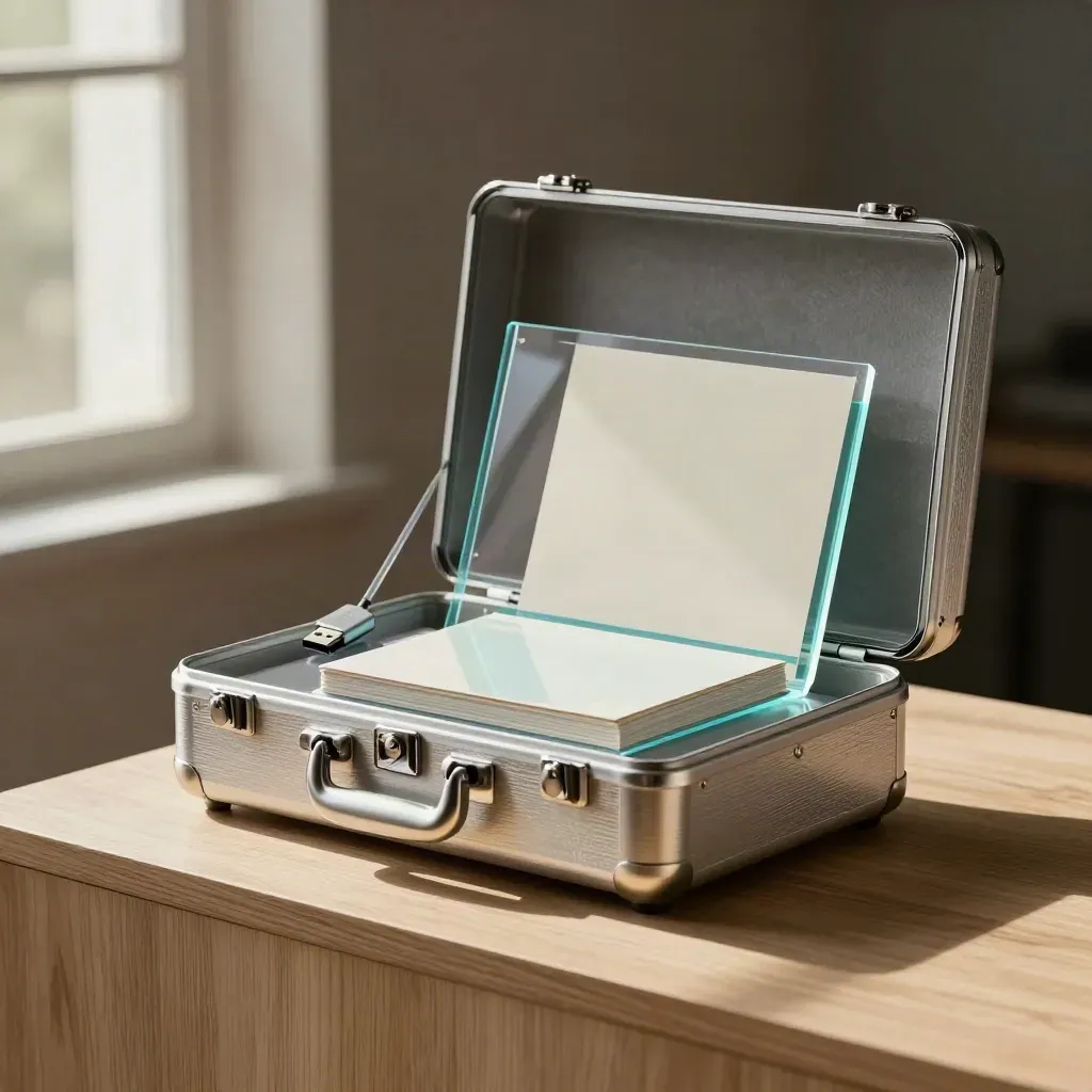 Open launch kit with case, USB, motion frames and deck bundle on a studio plinth.