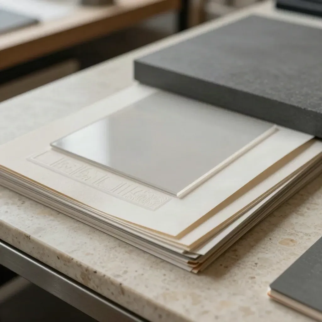 Macro still life of swatches, press proofs, acetate overlays and a graphite block on travertine.