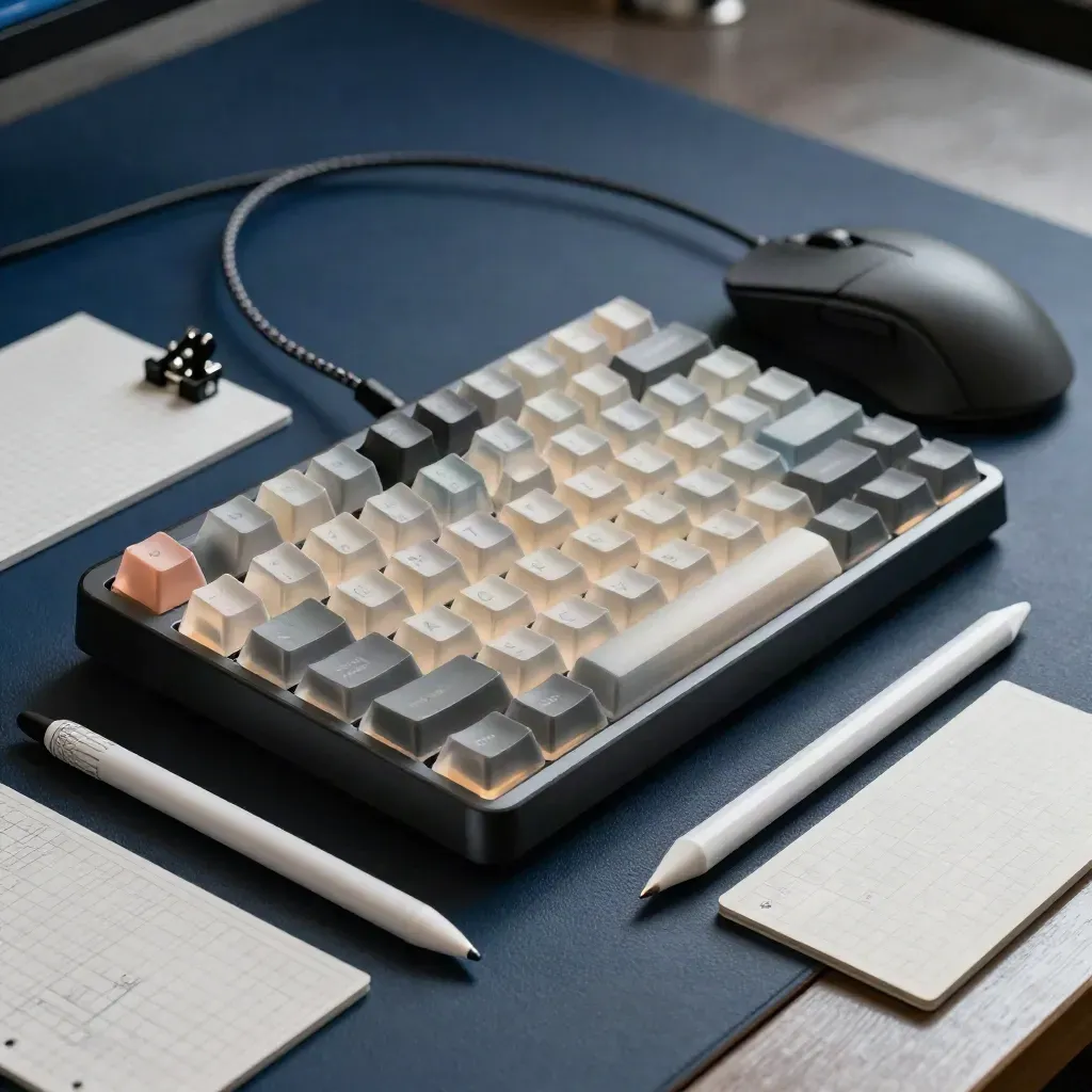 Keyboard, mouse, stylus and layout grids on a navy surface in dramatic studio light