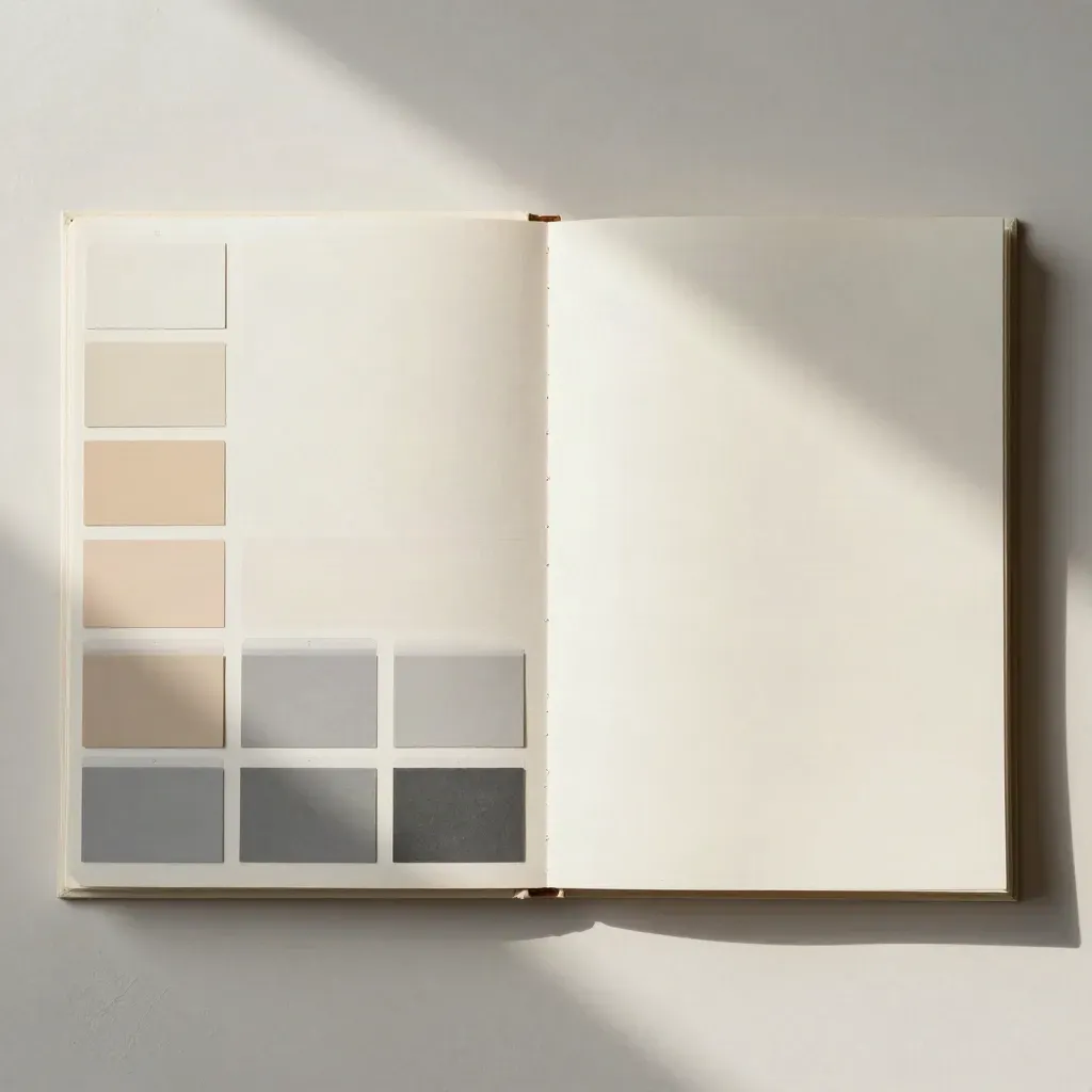 Precision flatlay of planning tabs, layout blocks, adhesive markers and swatches on pale plaster.
