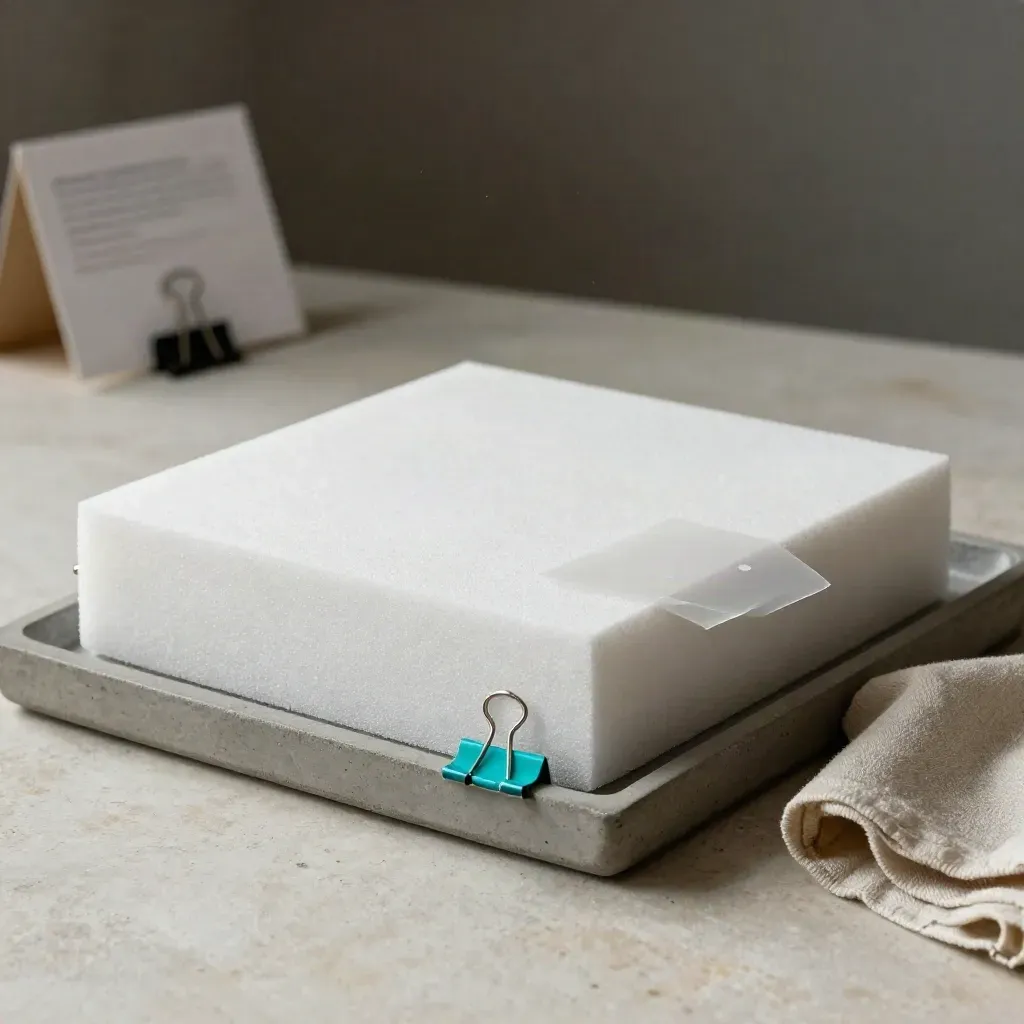 Foam boards, clips, proof sheets and cloth on a concrete tray with cyan accent