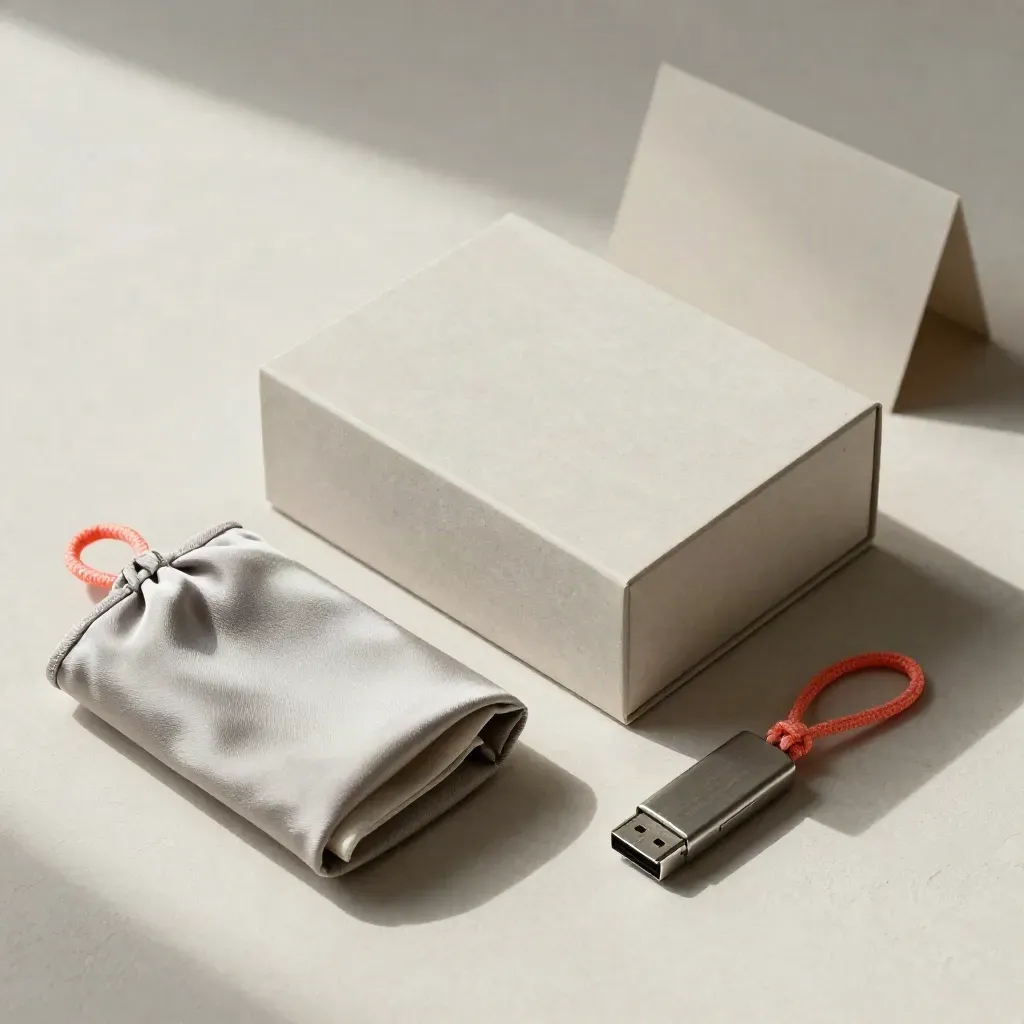 Handover-ready presentation box, USB drive, and ribboned asset bundle on a plaster sweep.