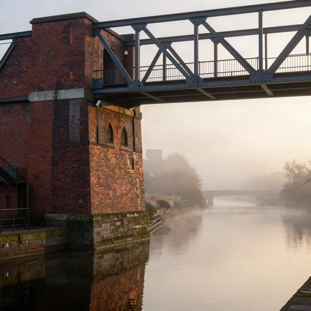 Birmingham canal bridge and brickwork above calm water at dusk