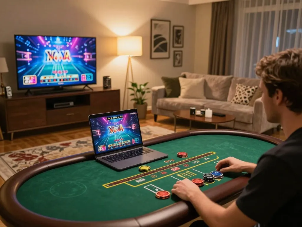 Engaging in SC88 online casino games with vibrant graphics at home, highlighting strategic gameplay.