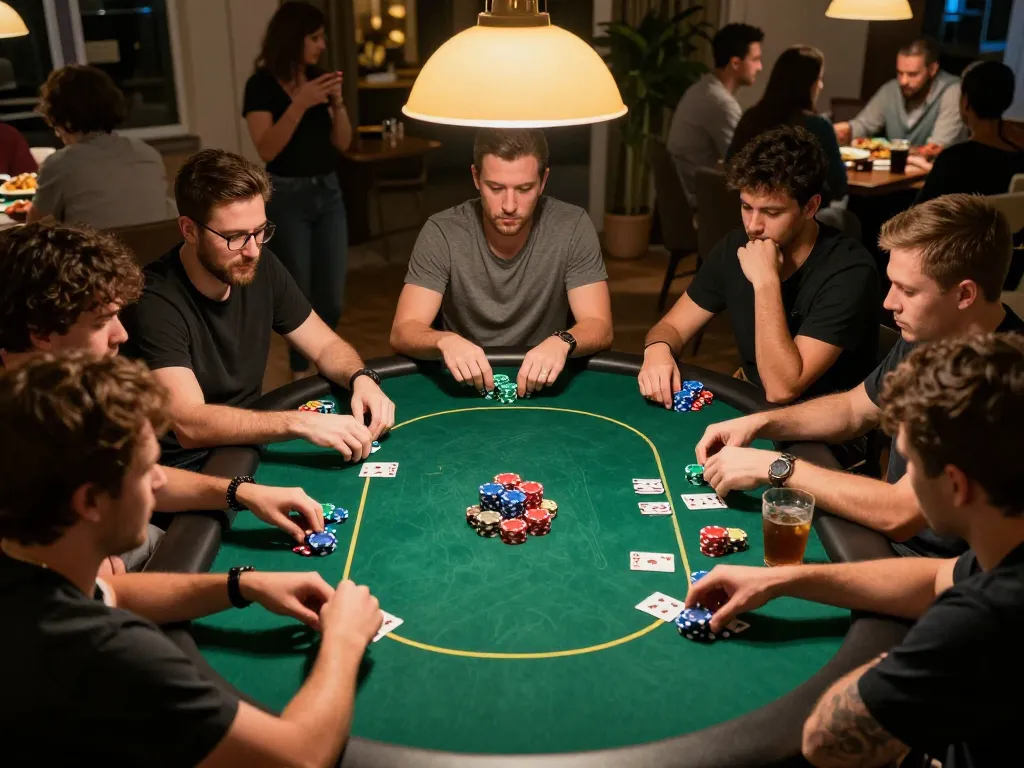 Engaging gameplay at a home poker night with friends, highlighting TRANG CHỦ SC88 excitement and strategy.