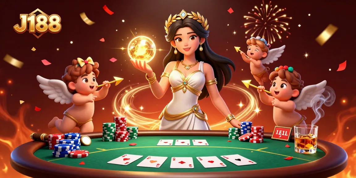 Win big at J188, where a glamorous goddess and cherubs celebrate an exciting online poker game.