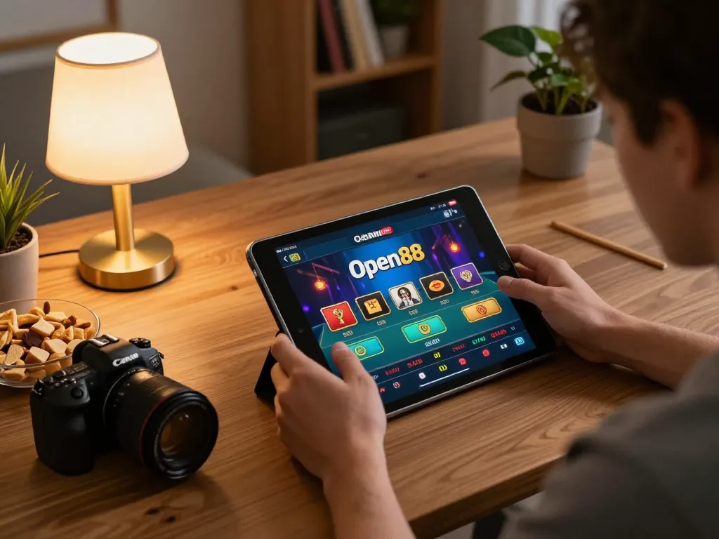 Player using the open88 tablet app for online gambling in a cozy home environment.