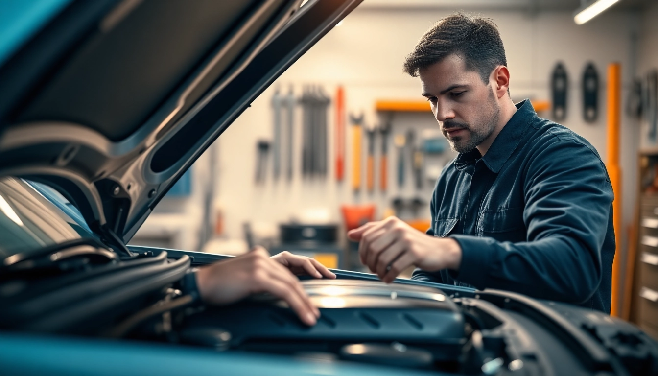Evaluate monthly car warranty plans with a mechanic inspecting a vehicle in a garage.