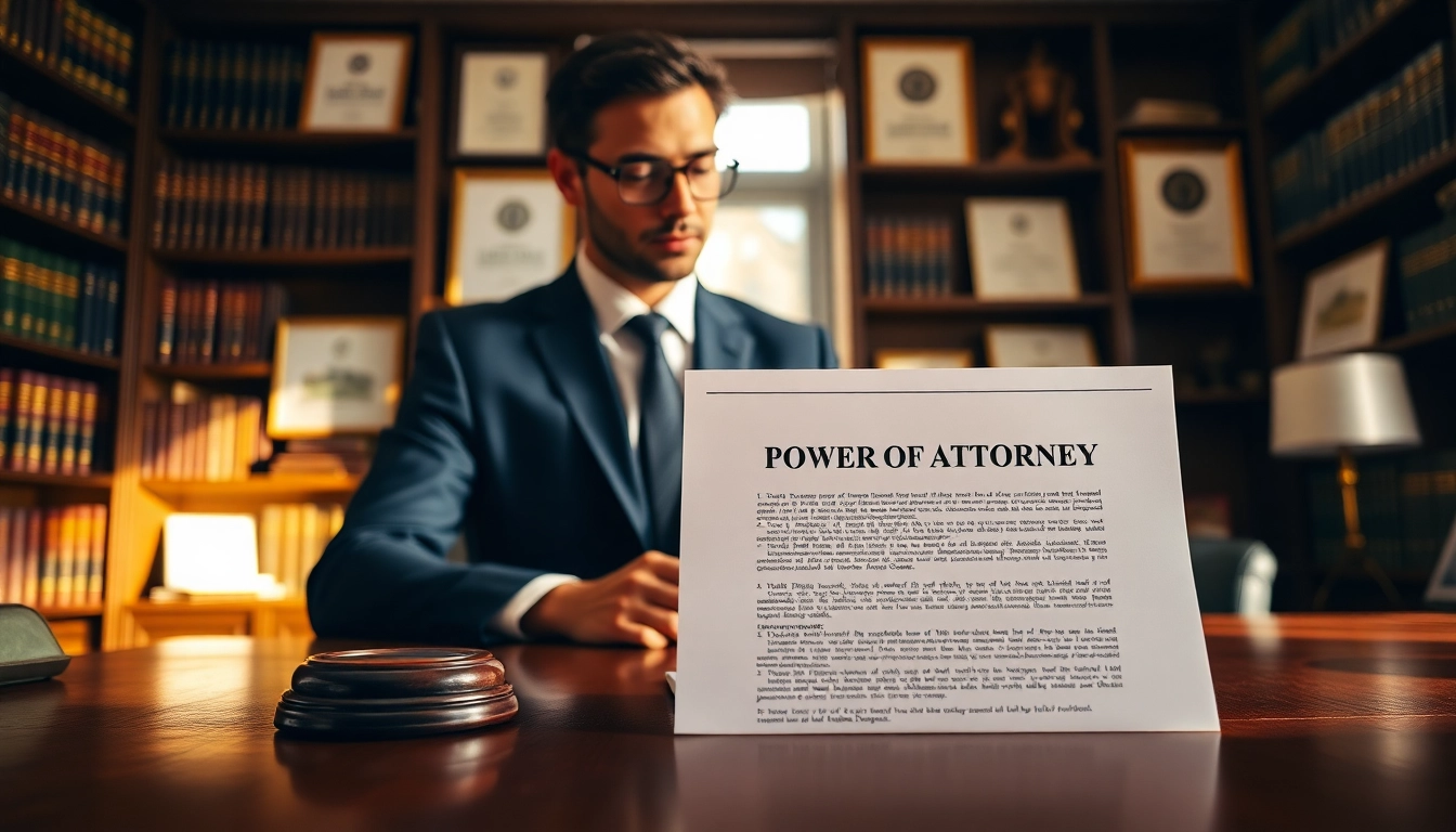 Reviewing a Power of Attorney document in a professional legal office setting.