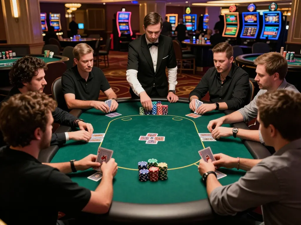 iwinclub poker players strategizing at a high-stakes game table in a luxury casino